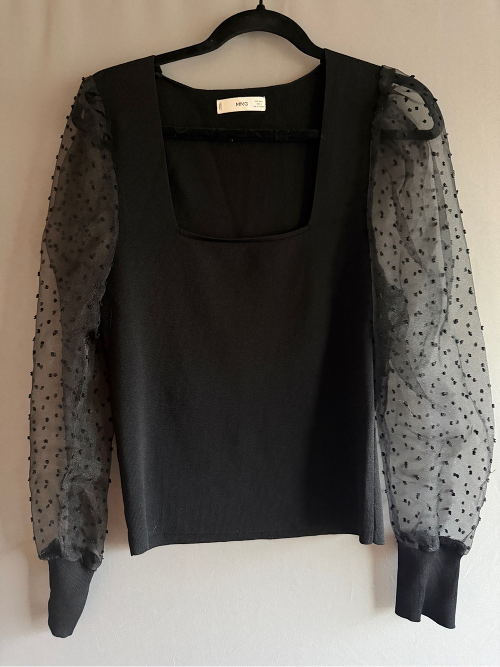 Mango Black Sheer Puff-Sleeve Square Neck Top
